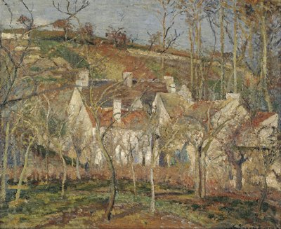 Rode daken, dorpshoek, wintereffect door Camille Pissarro