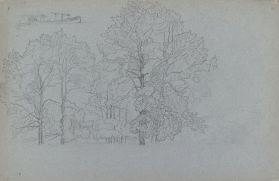 Studie van bomen, met een lichte studie van een schuit, 1859 door Camille Pissarro