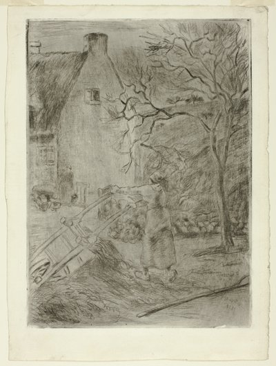 Vrouw die een kruiwagen leegt door Camille Pissarro