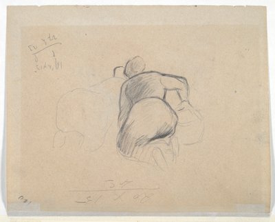 Knielende vrouw (recto); Twee boerinnen knielend (verso) door Camille Pissarro