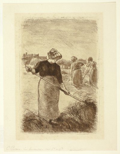 Vrouwen die het hooi gooien door Camille Pissarro