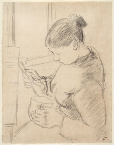 Jonge boerin die haar koffie drinkt door Camille Pissarro