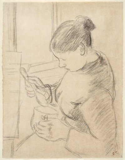 Jonge boerin met koffie door Camille Pissarro