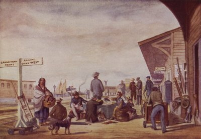 Immigranten op een treinstation, Toronto (kleurenlitho) door Canadian School