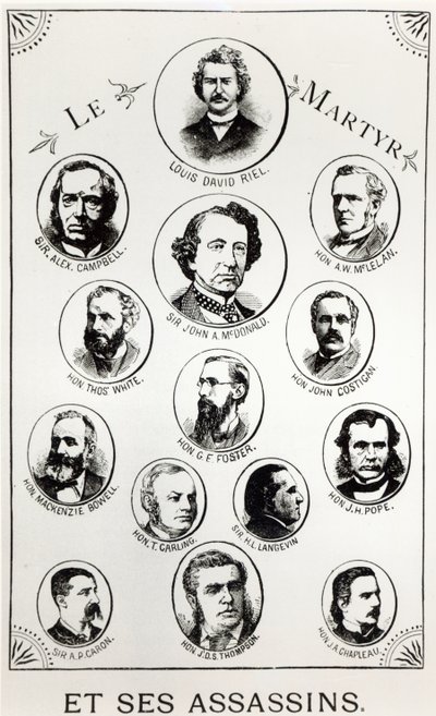 Louis Riel (1844-85) en zijn moordenaars, illustratie uit Le Gibet de Regina, gepubliceerd 1886 door Canadian School