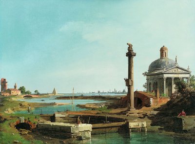Een sluis, een zuil en een kerk naast een lagune door Giovanni Antonio Canal