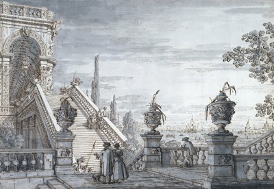 Een capriccio met een monumentale trap door Canaletto