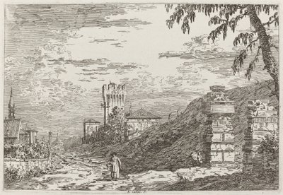 Landschap met Toren en Twee Verwoeste Zuilen [links], ca. 1735-1746 door Canaletto