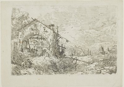 Landschap met een vrouw bij een put, uit Vedute door Canaletto