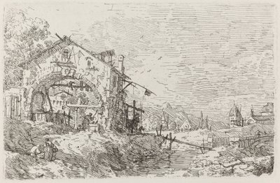 Landschap met een vrouw bij een put, ca. 1735-1746 door Canaletto