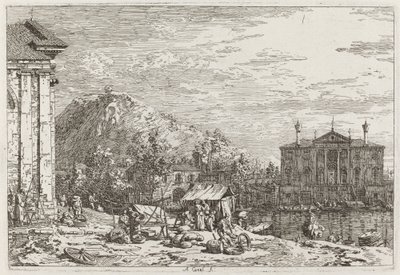 De Markt in Dolo (linksonder) door Canaletto