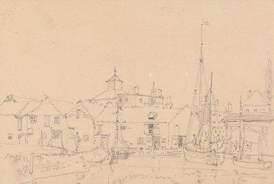 Schets van zeilboten aangemeerd naast een dorp door Capt. Thomas Hastings