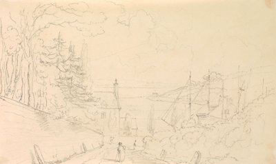 Schets van een Weg die naar de Kust Afdalen met Afgemeerde Schepen door Capt. Thomas Hastings