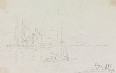 Schets van een zeilboot en een gebouw aan de kust door Capt. Thomas Hastings
