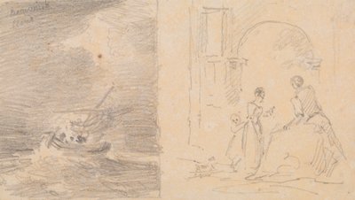 Schets van een schip in een storm en schets van een familie bij een boog door Capt. Thomas Hastings
