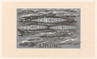 Ontwerp voor vignet van de Koninklijke Paketvaart Maatschappij, K.P.M. Lines door Carel Adolph Lion Cachet
