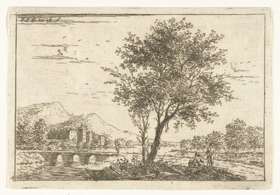 Heuvellandschap met kasteel aan rivier door Carel Frederik Bendorp (I)