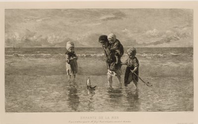 Vier kinderen spelen met speelgoedbootje op het strand in ondiep zeewater door Carel Lodewijk Dake