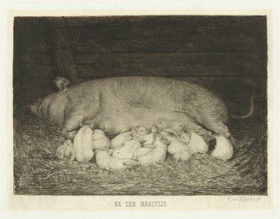 Zeug met biggen liggend in stal (title on object) door Carel Lodewijk Dake