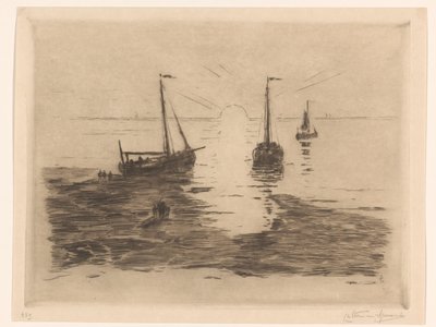 Zeegezicht met zeilboten en ondergaande zon door Carel Nicolaas Storm van 