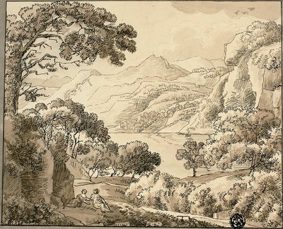 Bergmeer met twee figuren door Carl August Lebschee