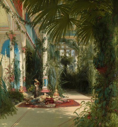 Duits: Das Innere des Palmenhauses auf der Pfaueninsel bei Potsdam Het interieur van het Palmhuis aan het Pfaueninsel bij Potsdam door Carl Blechen