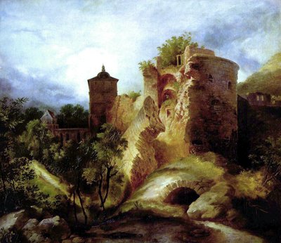 Duits: Der gesprengte Turm des Heidelberger Schlosses De opgeblazen toren van kasteel Heidelberg door Carl Blechen