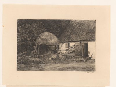 Boerenerf met hooimijt en kippen door Carl Bloch