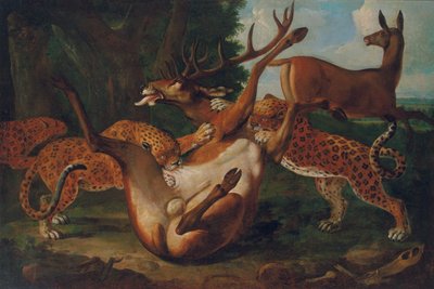 Luipaarden die herten aanvallen in een landschap door Carl Borromaus Andreas Ruthart