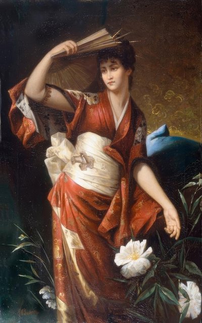 Portret van een dame in Japans kostuum door Carl Buchner