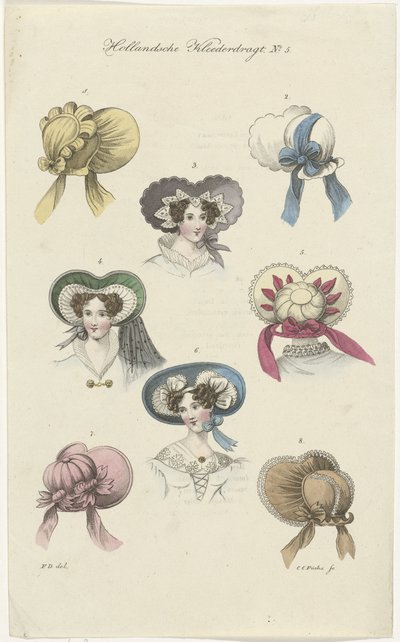 Acht verschillende dameshoeden Hollandsche Klederdragt (series title) door Carl Cristiaan Fuchs