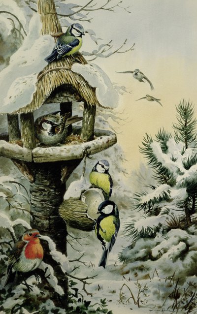 Winter Voedertafel met Pimpelmezen, Koolmezen, Huismussen en een Roodborstje door Carl Donner