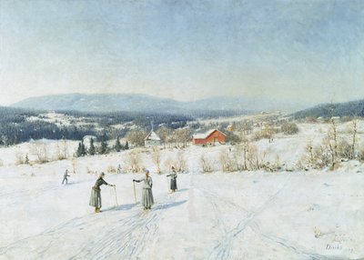 Landschap met skiërs door Carl Edvard Diriks
