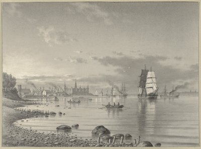 Scheepvaart op de Oresund met Helsingor en Kronborg kasteel in de verte door Carl Emil Baagoe