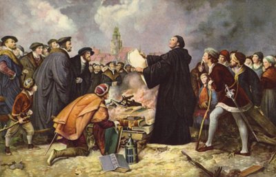 Maarten Luther verbrandt de Pauselijke Bul in 1520 door Carl Friedrich (after) Lessing