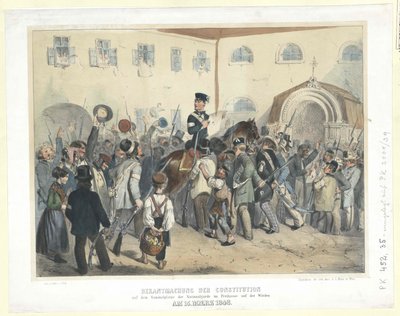 Proclamatie van de Grondwet op de verzamelplaats van de Nationale Garde in het Freihaus op de Wieden op 15 maart 1848 door Carl Goebel