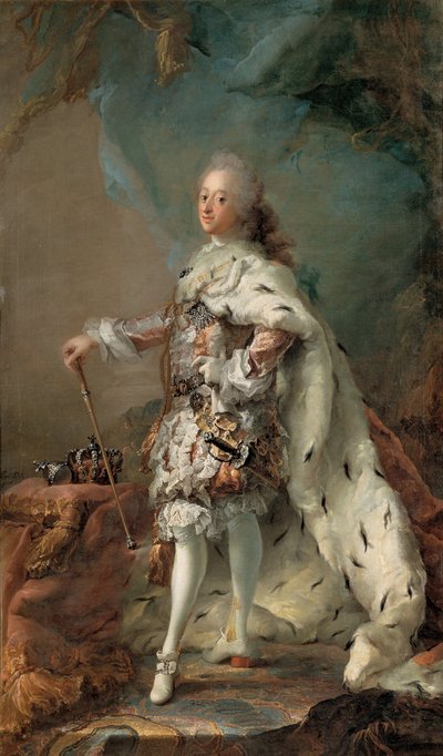 Portret van Frederik V 1723-1766 in Zalvingsgewaad, ca. 1750 door Carl Gustaf Pilo