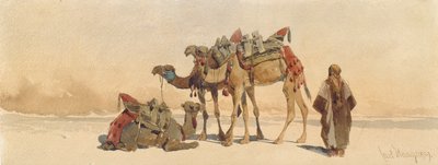 Rustend met drie kamelen in de woestijn door Carl Haag