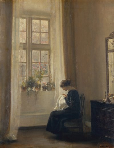Een Meisje dat Naait in een Interieur door Carl Holsoe