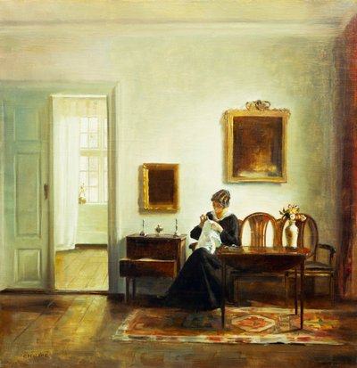 Een Vrouw die Naait in een Interieur door Carl Holsoe