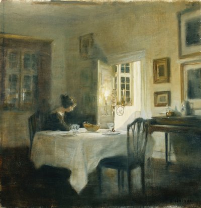 Een Vrouw aan een Tafel in een Eetkamer door Carl Holsoe