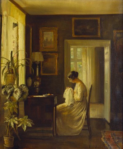 Een interieur met een vrouw die naait door Carl Holsoe