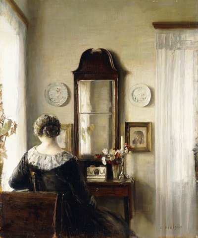 Interieur met een Zittende Vrouw bij een Raam door Carl Holsoe