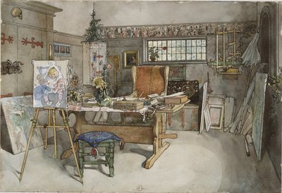 De studio. Uit ‘A Home’ (26 aquarellen) door Carl Larsson