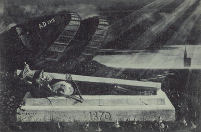 Een zegevierende geallieerde tank uit de Eerste Wereldoorlog passeert het graf van een Franse cavaleriesoldaat uit de Frans-Duitse Oorlog. door Carl Ludwig Friedrich Becker