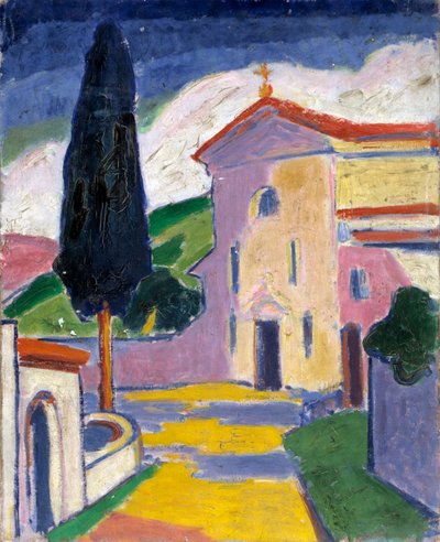 Kerk met cederboom aan de linkerkant, voor 1932 door Carl Newman