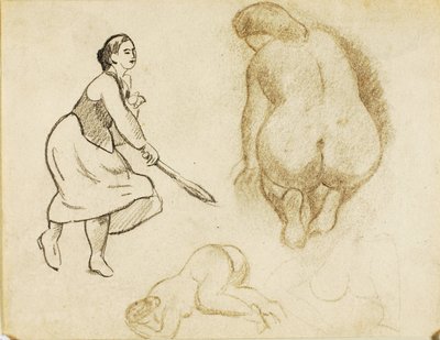 Vrouw met tennisracket en twee figuurstudies door Carl Newman