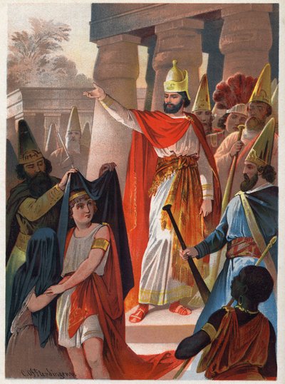 Op een teken van Sarastro spreidt een priester grote zwarte zeilen over Prins Tamino en Prinses Pamina. Illustratie door Carl Offterdinger in 
