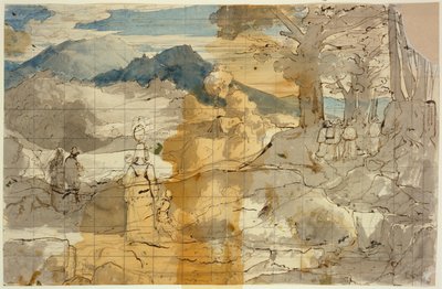 Landschaft bei Rocca Canterano mit einer Frau mit Kindern, Hirten und Pilgern door Carl Philipp Fohr