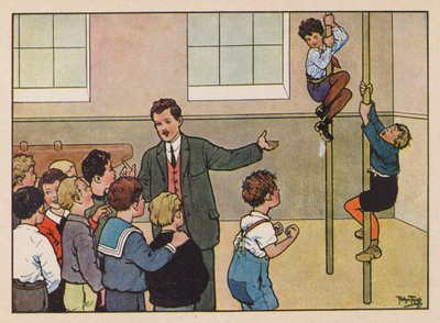 Jongens klimmen op palen in de gymzaal door Carl Robert Arthur Thiele
